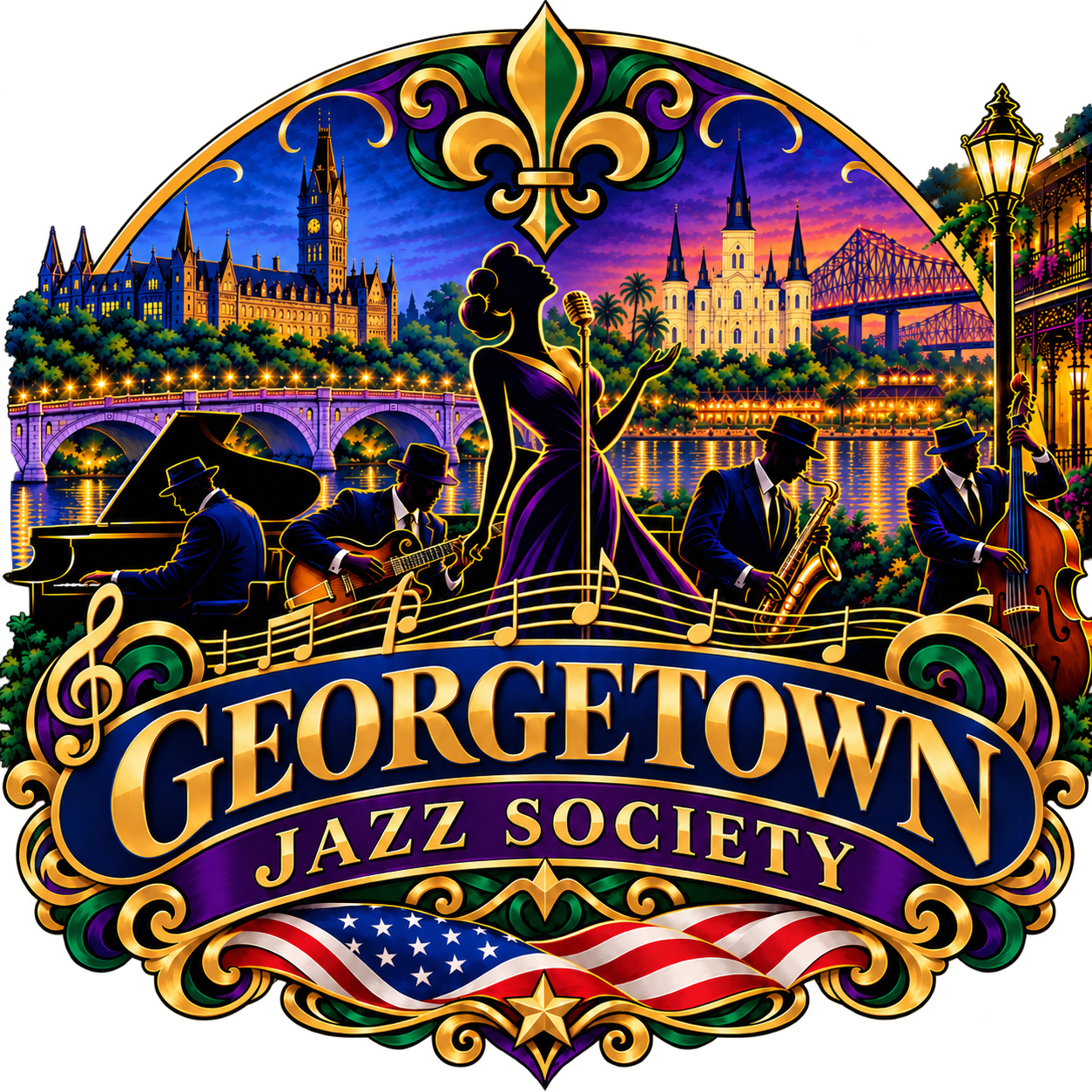 Georgetown Jazz Society crest joining Georgetown and New Orleans skylines with jazz musicians and a fleur-de-lis